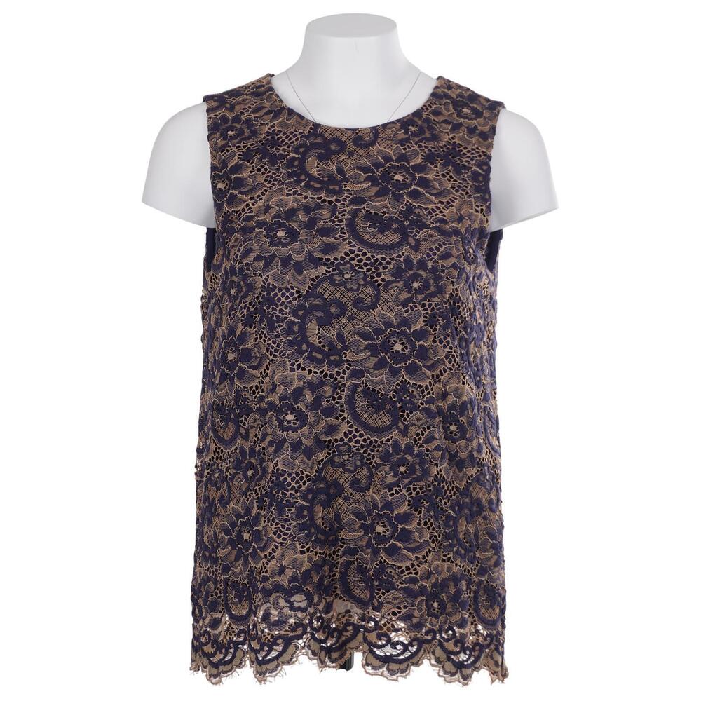 Banana Republic Top S Blue Tan Lace Sleeveless Keyhole Scalloped Lined Shell